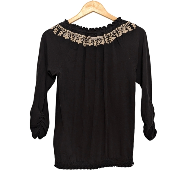 PEASANT Top Embroidered Beaded Ruched Bohemian Smocked Medium - Picture 7 of 11